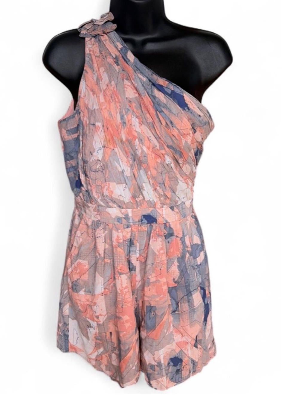 BCBGeneration One-Shoulder Floral Print Romper in Coral and Navy